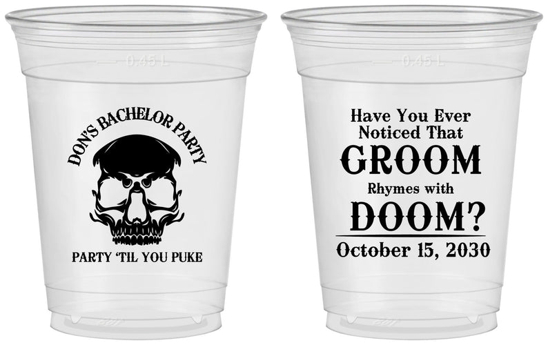 Custom Bachelor Party 16 oz Soft Sided Clear Cups - Groom Doom Skull | 40041