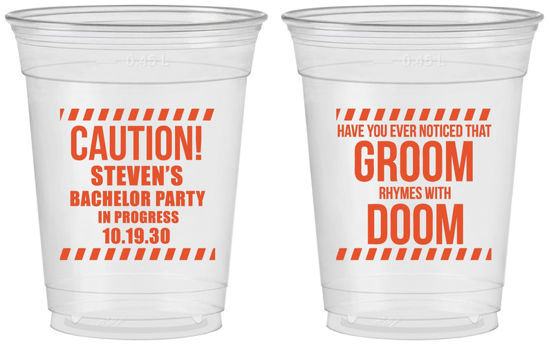 Custom Bachelor Party 16 oz Soft Sided Clear Cups - Groom Rhymes Doom | 40042