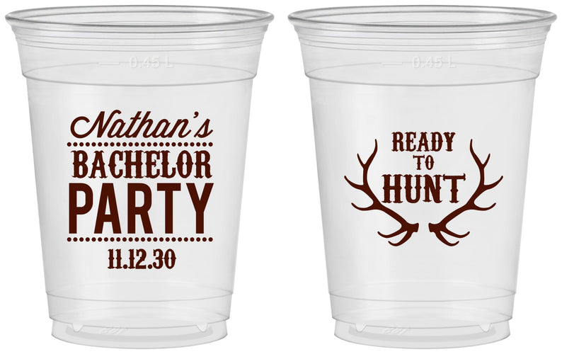 Custom Bachelor Party 16 oz Soft Sided Clear Cups - Ready To Hunt | 40044