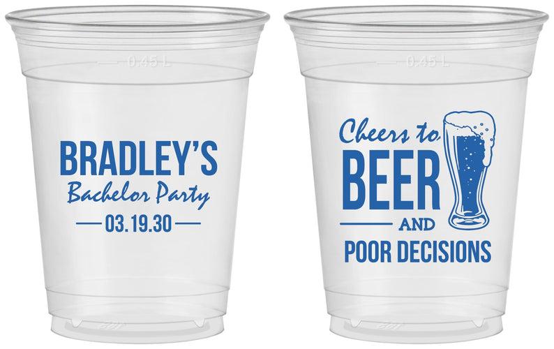 Custom Bachelor Party 16 oz Soft Sided Clear Cups - Beer Pour Decisions | 40045