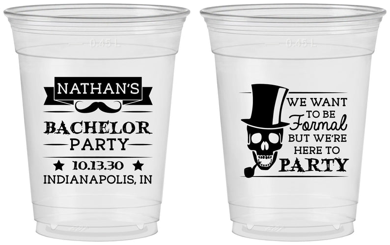 Custom Bachelor Party 16 oz Soft Sided Clear Cups - Formal Skeleton | 40048