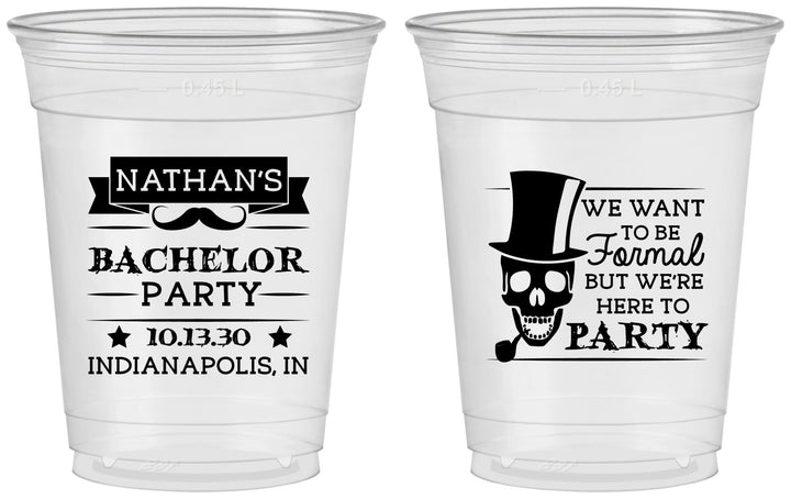 Custom Bachelor Party 16 oz Soft Sided Clear Cups - Formal Skeleton | 40048