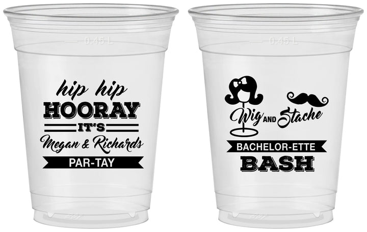 Custom Bachelor Party 16 oz Soft Sided Clear Cups - Wig Or Stache | 40058