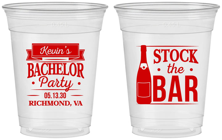 Custom Bachelor Party 16 oz Soft Sided Clear Cups - Stock The Bar | 40073