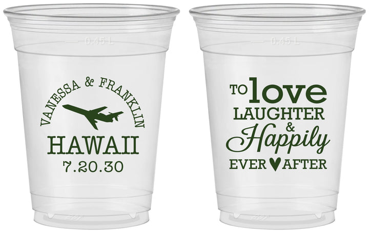 Custom Wedding 16 oz Soft Sided Clear Cups - Love Laughter Happily | 404