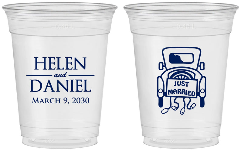 Custom Wedding 16 oz Soft Sided Clear Cups - Just Married Old Car | 413