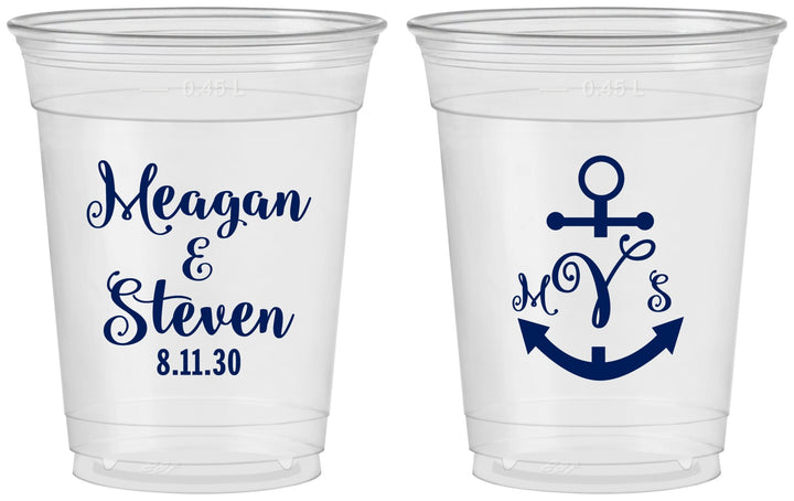 Custom Wedding 16 oz Soft Sided Clear Cups - Monogram Nautical | 414