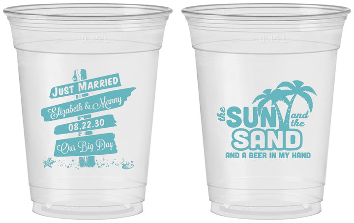 Custom Wedding 16 oz Soft Sided Clear Cups - Sun Sand Drink In My Hand | 416
