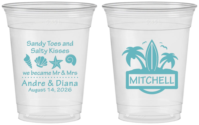 Custom Wedding 16 oz Soft Sided Clear Cups - Sandy Toes Salty Kisses | 419