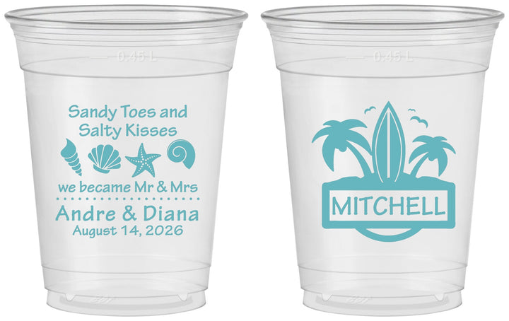 Custom Wedding 16 oz Soft Sided Clear Cups - Sandy Toes Salty Kisses | 419