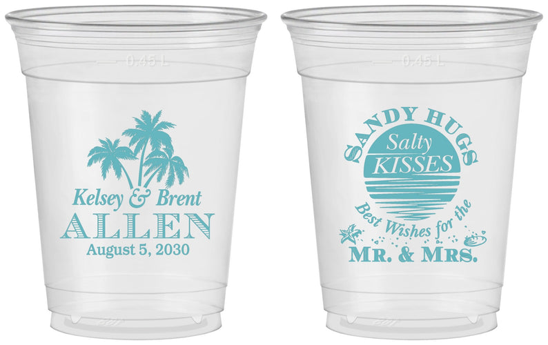 Custom Wedding 16 oz Soft Sided Clear Cups - Sandy Hugs Salty Kisses | 425