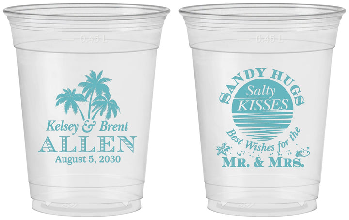 Custom Wedding 16 oz Soft Sided Clear Cups - Sandy Hugs Salty Kisses | 425