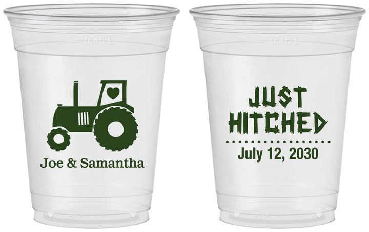 Custom Wedding 16 oz Soft Sided Clear Cups - Just Hitched Tractor | 429