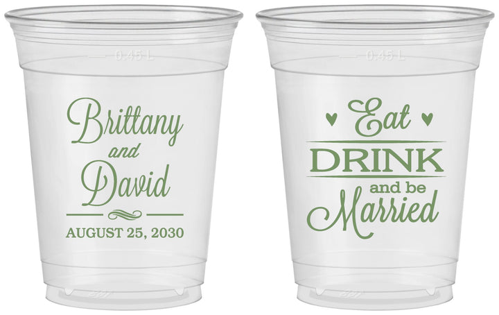 Custom Wedding 16 oz Soft Sided Clear Cups - Eat Drink Be Married | 430