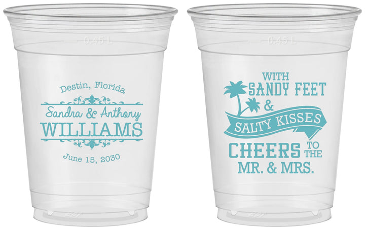 Custom Wedding 16 oz Soft Sided Clear Cups - Sandy Feet Salty Kisses | 434
