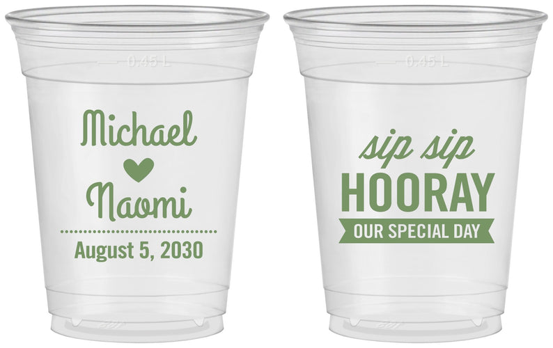 Custom Wedding 16 oz Soft Sided Clear Cups - Sip Sip Hooray | 437