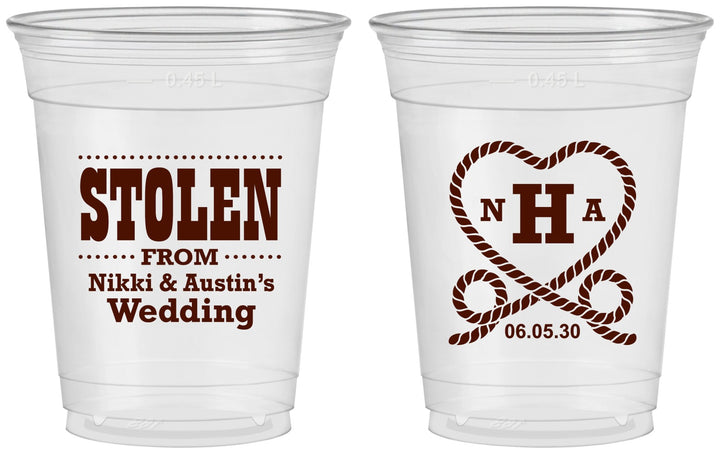 Custom Wedding 16 oz Soft Sided Clear Cups - Stolen Monogram | 474