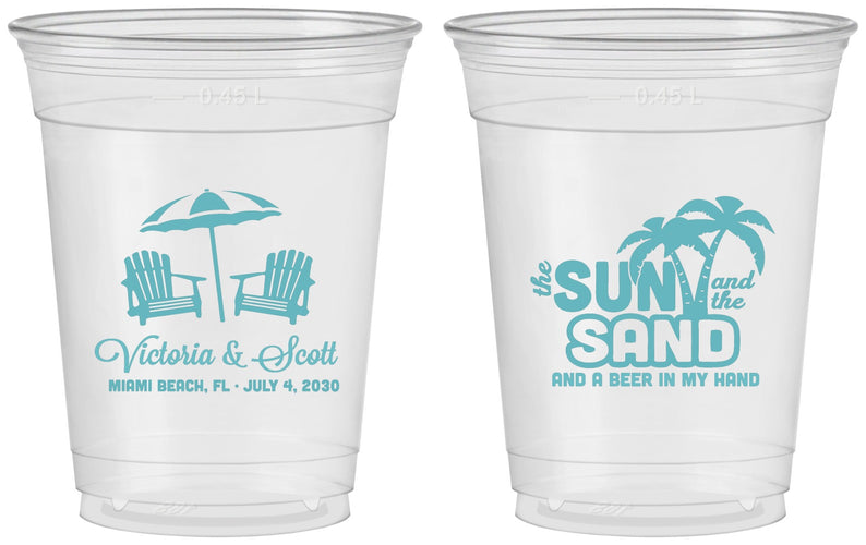 Custom Wedding 16 oz Soft Sided Clear Cups - Sun Sand Drink In My Hand | 479
