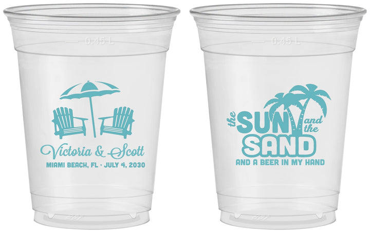 Custom Wedding 16 oz Soft Sided Clear Cups - Sun Sand Drink In My Hand | 479