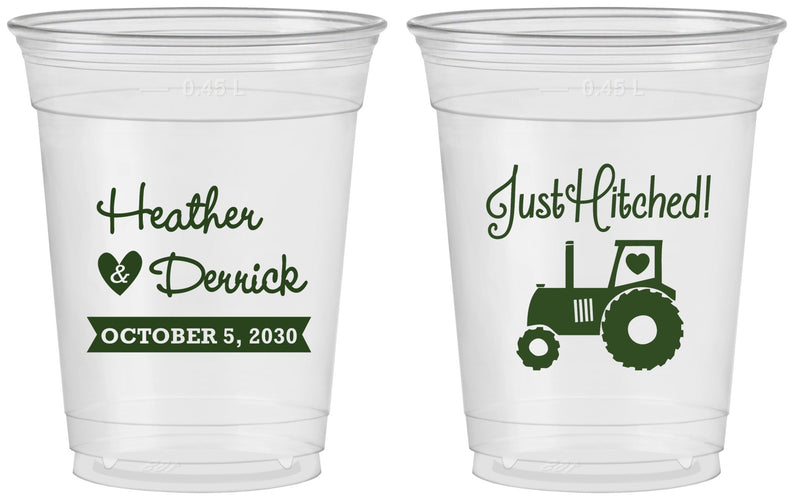 Custom Wedding 16 oz Soft Sided Clear Cups - Just Hitched Tractor | 482