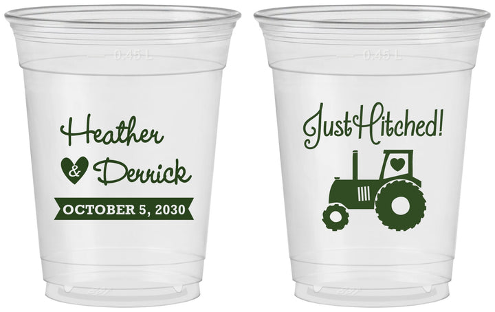 Custom Wedding 16 oz Soft Sided Clear Cups - Just Hitched Tractor | 482