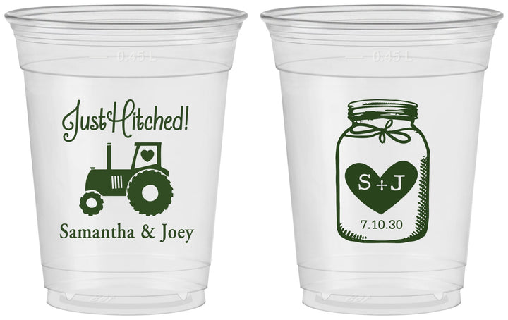 Custom Wedding 16 oz Soft Sided Clear Cups - Just Hitched Mason Jar | 483