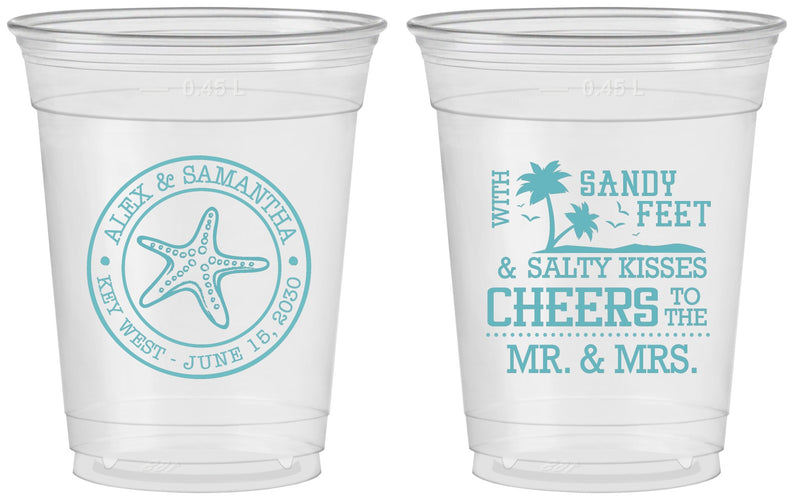 Custom Wedding 16 oz Soft Sided Clear Cups - Sandy Feet Salty Kisses | 488