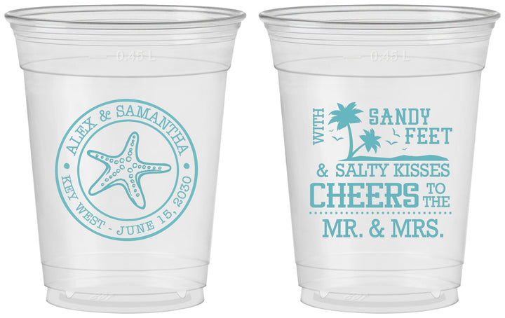Custom Wedding 16 oz Soft Sided Clear Cups - Sandy Feet Salty Kisses | 488