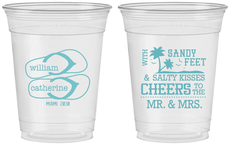 Custom Wedding 16 oz Soft Sided Clear Cups - Sandy Feet Salty Kisses | 490