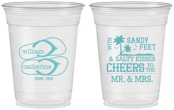 Custom Wedding 16 oz Soft Sided Clear Cups - Sandy Feet Salty Kisses | 490