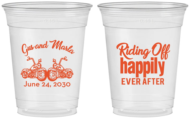 Custom Wedding 16 oz Soft Sided Clear Cups - Motorcycle | 493