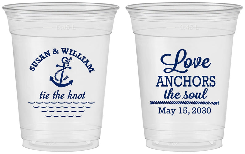 Custom Wedding 16 oz Soft Sided Clear Cups - Love Anchors The Soul | 498