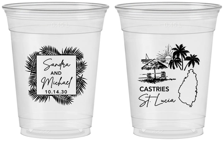 Custom Wedding 16 oz Soft Sided Clear Cups - St Lucia | 541