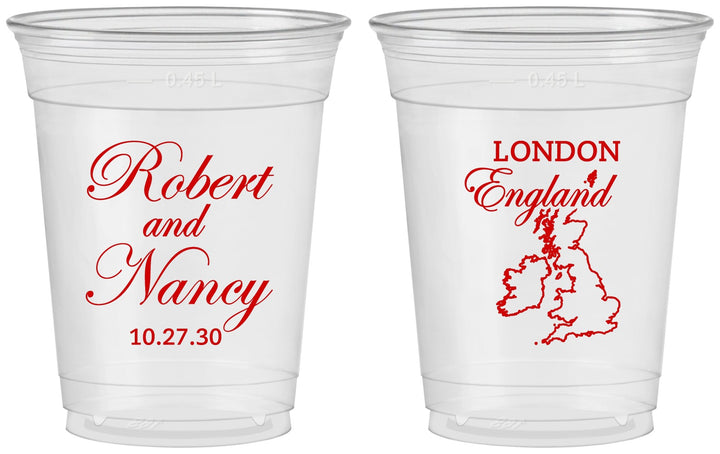 Custom Wedding 16 oz Soft Sided Clear Cups - England | 548