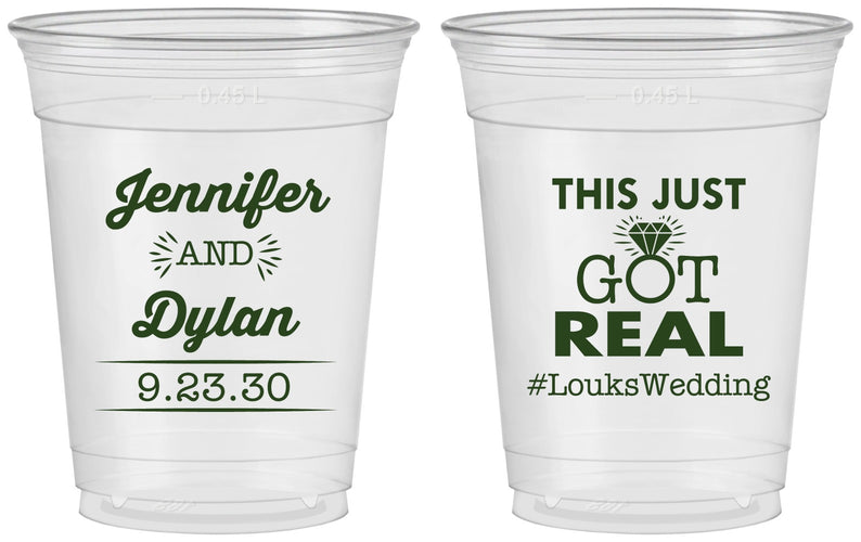 Custom Wedding 16 oz Soft Sided Clear Cups - Just Got Real | 557