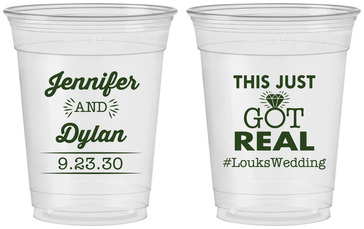 Custom Wedding 16 oz Soft Sided Clear Cups - Just Got Real | 557