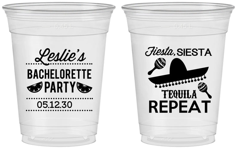 Custom Bachelorette 16 oz Soft Sided Clear Cups - Fiesta Siesta Tequila Repeat | 60003