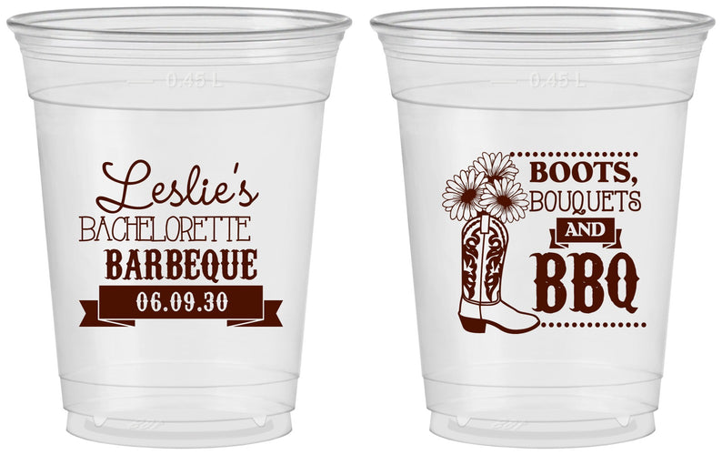 Custom Bachelorette 16 oz Soft Sided Clear Cups - Boots Bouquets Bbq | 60035