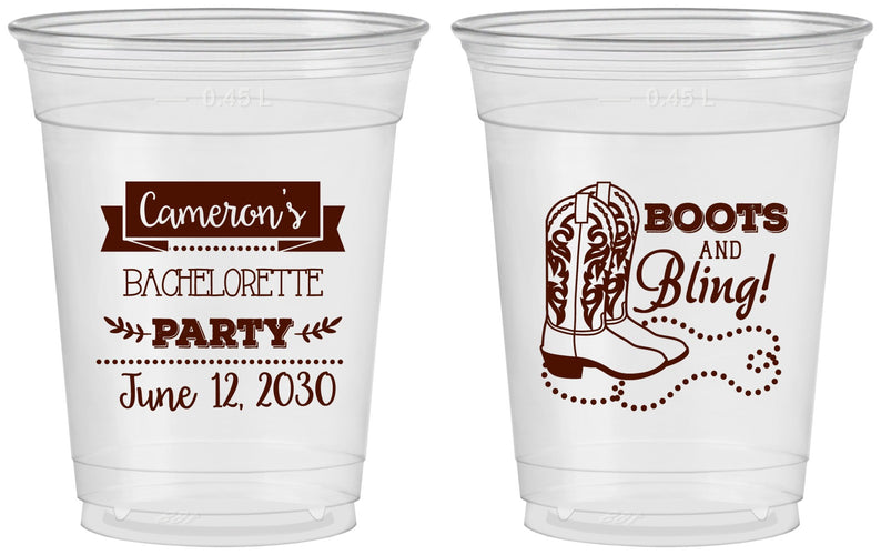 Custom Bachelorette 16 oz Soft Sided Clear Cups - Boots And Bling | 60044