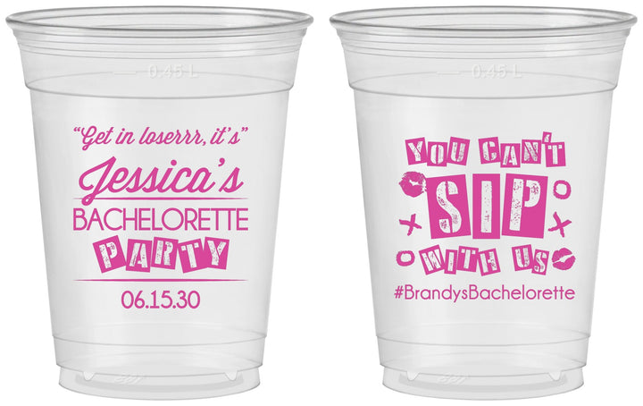 Custom Bachelorette 16 oz Soft Sided Clear Cups - Cant Sip With Us | 60051