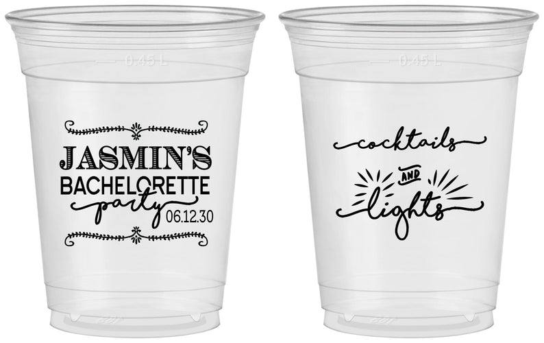 Custom Bachelorette 16 oz Soft Sided Clear Cups - Cocktails And Lights | 60065