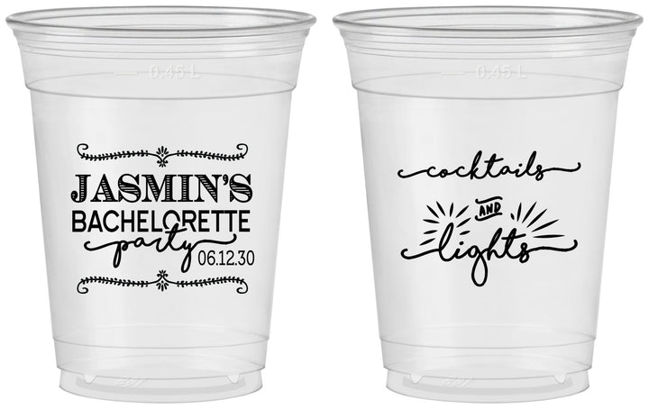 Custom Bachelorette 16 oz Soft Sided Clear Cups - Cocktails And Lights | 60065