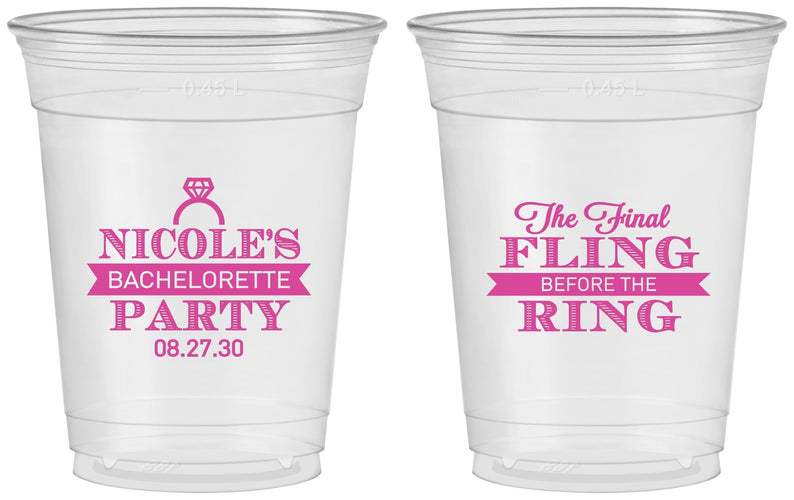 Custom Bachelorette 16 oz Soft Sided Clear Cups - Final Fling Before The Ring | 60110