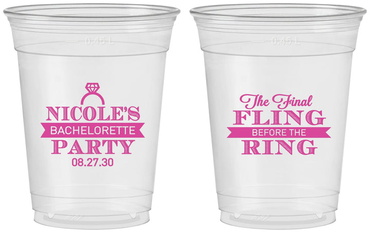 Custom Bachelorette 16 oz Soft Sided Clear Cups - Final Fling Before The Ring | 60110