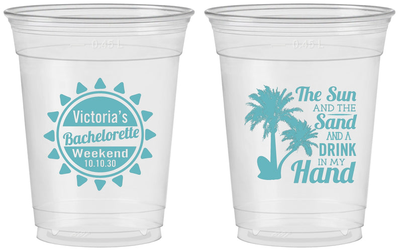 Custom Bachelorette 16 oz Soft Sided Clear Cups - Sun Sand Drink Hand | 60114