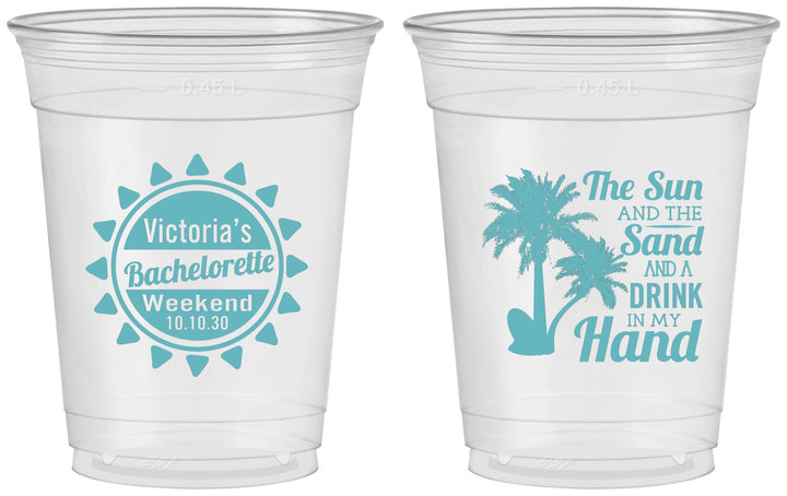 Custom Bachelorette 16 oz Soft Sided Clear Cups - Sun Sand Drink Hand | 60114