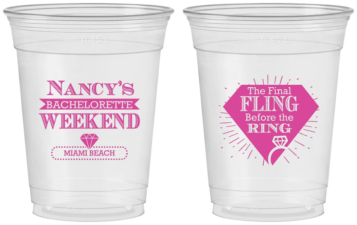 Custom Bachelorette 16 oz Soft Sided Clear Cups - Final Fling Before The Ring | 60129