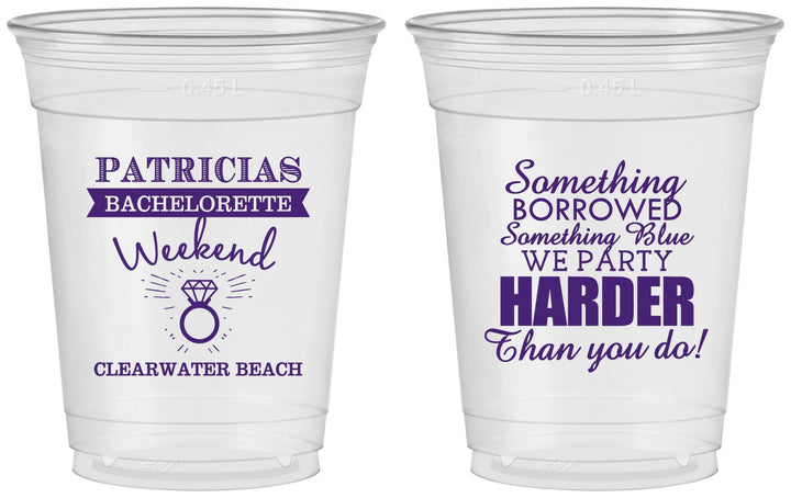 Custom Bachelorette 16 oz Soft Sided Clear Cups - Something Borrowed | 60130