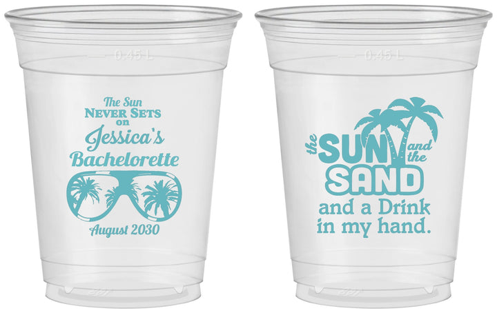 Custom Bachelorette 16 oz Soft Sided Clear Cups - Sun Sand Drink Hand | 60134