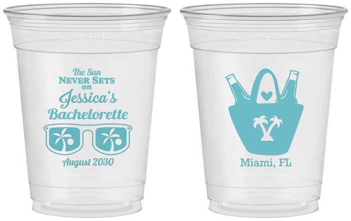 Custom Bachelorette 16 oz Soft Sided Clear Cups - Beach Sun Never Sets | 60136